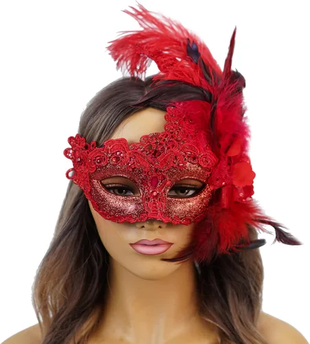 Vista 7 de Máscara de plumas burlesque, máscara de encaje de Mardi Gras para mujer, disfraz de plumas de pavo real, máscara de brocado veneciano