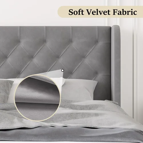 Vista 5 de HOMBCK - Marco de cama tamaño completo, base de cama tapizada en plataforma gris con cabecero, terciopelo acolchado, diseño de ala curvada, listones