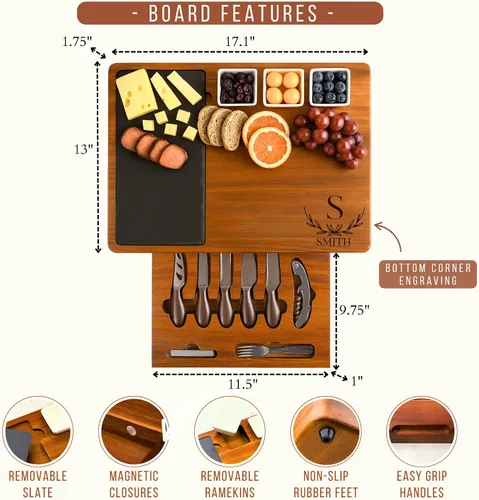 Vista 7 de Juego personalizado de tablas para charcutería de madera de acacia con cuchillos de acero inoxidable – Tabla de queso personalizada para regalo