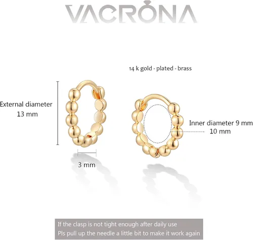 Vista 6 de VACRONA - Aretes tipo arracada de aro para mujer, chapados en oro de 14 quilates, diseño de Huggie