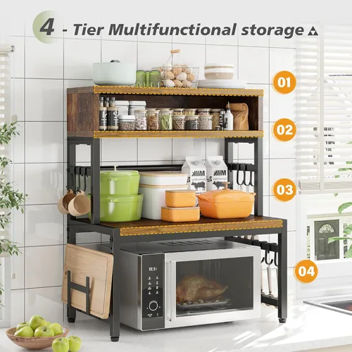 Vista 3 de EnHomee Soporte para microondas, 4 niveles con 9 ganchos para organizador de encimera de cocina, estante de microondas de 205 libras, estantes