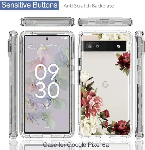 Vista 5 de Funda para Google Pixel 6A, diseño floral, protector de pantalla de vidrio templado transparente, funda protectora de cuerpo completo