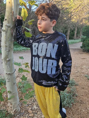 Vista 6 de LOLANTA Disfraz de baile para niños y niñas, ropa de hip hop con lentejuelas de los años 80 y 90, trajes brillantes de baile