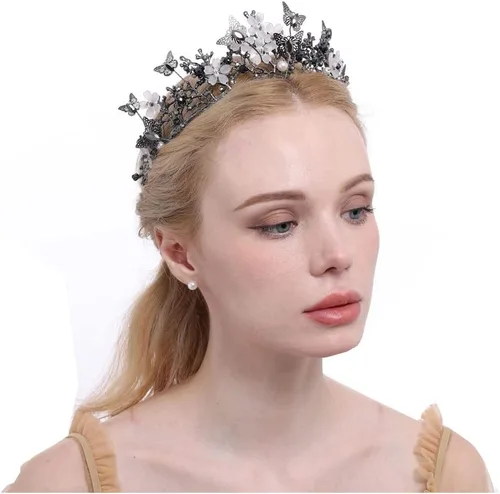 Vista 2 de Corona nupcial barroca perla Rhinestone tiara mariposa diadema boda accesorios para el cabello princesa tiara