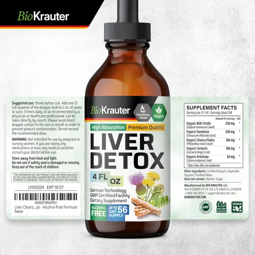 Vista 9 de BIO KRAUTER® Liver Cleanse Detox - Soporte hepático líquido vegano con cardo mariano, chanca piedra, cúrcuma, raíz de diente de león y alcachofa 700