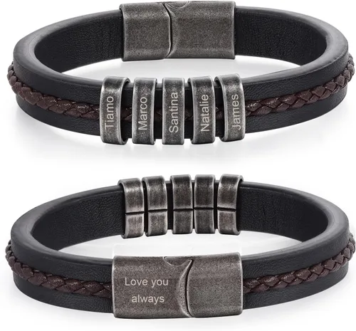 Vista 10 de Pulseras personalizadas con nombre para hombre, pulsera de cuero para hombre con 2-5 nombres de niños, regalos personalizados para papá, esposo, hijo