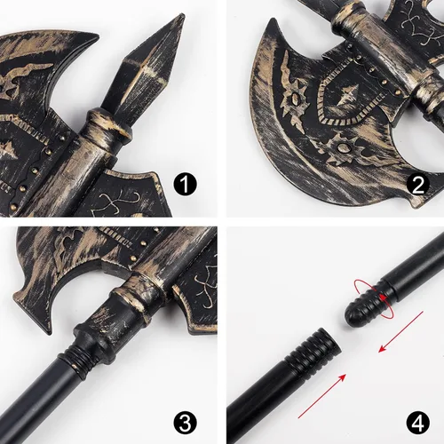 Vista 3 de Disfraz medieval vikingo de esqueleto, ejecutor de la parca de hacha, disfraz de hoja falsa, hacha de batalla, accesorios de diablo para Halloween