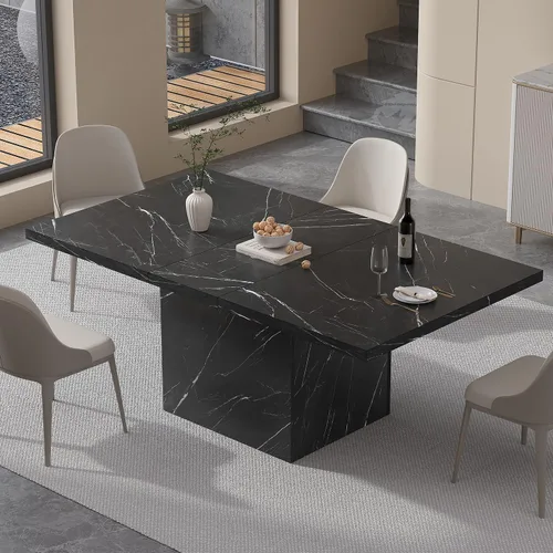 Vista 3 de HSH Mesa de comedor de 55 pulgadas para 4, moderna mesa de comedor de mármol sintético negro, mesa de cocina rectangular con pedestal resistente