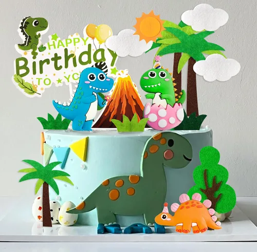 Vista 6 de Decoración de pastel de dinosaurio, figuras de dinosaurio, árboles, volcán