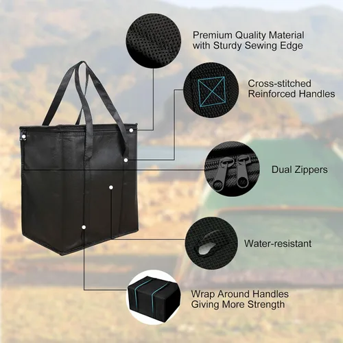 Vista 3 de Longzhuo Paquete de 3 bolsas de comestibles aisladas con cierre superior, bolsas de compras negras con asas, bolsa enfriadora plegable reutilizable