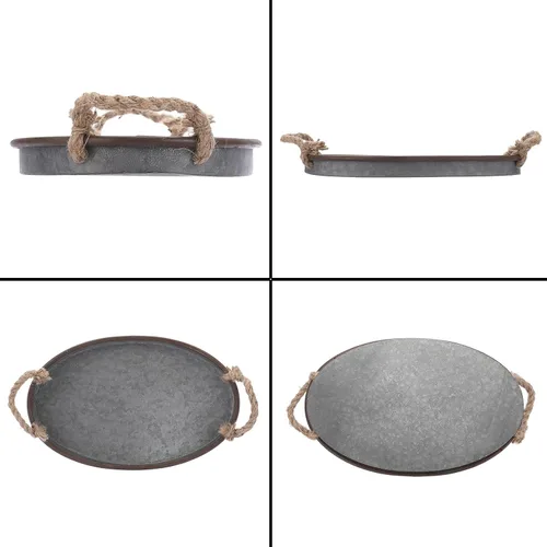 Vista 6 de Hipiwe Bandeja ovalada de hierro galvanizado con asa de cuerda, bandeja de servir rústica industrial para granja, pieza decorativa central para mesa