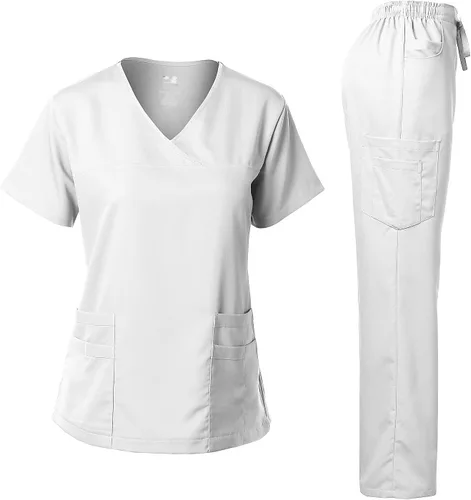 Vista 21 de Dagacci Medical Uniform® Conjunto de ropa quirúrgica para mujer – Conjunto de camisa y pantalones de contraste elástico natural para mujer – 9 Egg