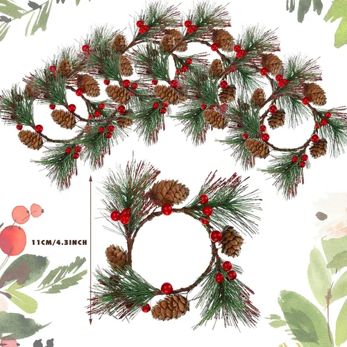 Vista 5 de 6 Piezas de Anillo de Vela de Navidad Portavelas de Navidad Artificial con Bayas, Conos de Pino, Coronas Pequeñas para Decoración Festiva de Boda