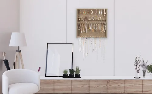 Vista 7 de JOYMOMO Organizador de joyas de fieltro para colgar en la pared, organizador de collar extraíble para almacenar varios collares, aretes, aretes