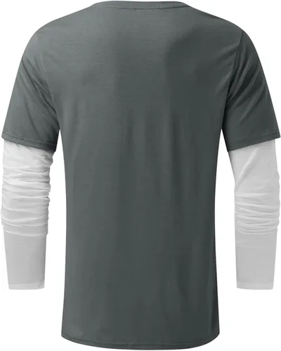 Vista 4 de Tops for Men 2023 Spring Male Casual Solid Patchwork Sleeve T Shirt Blouse Long Sleeve Round Neck Tops T Shirt