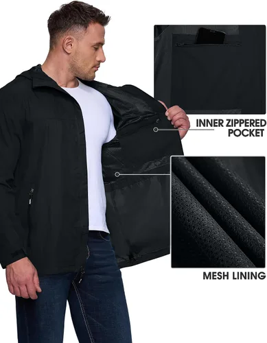Vista 5 de Outdoor Ventures Chaqueta impermeable plegable con capucha para hombre, ligera, resistente al viento, para ciclismo