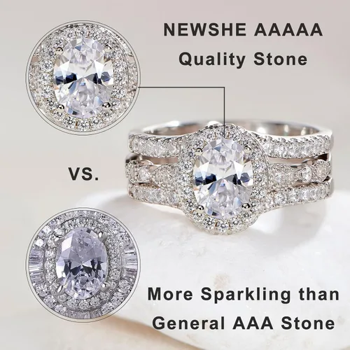 Vista 4 de Newshe Jewellery Juego de anillos de compromiso ovalados para mujer AAAAA con circonita cúbica 925 de plata de ley 925, juego de anillos de novia