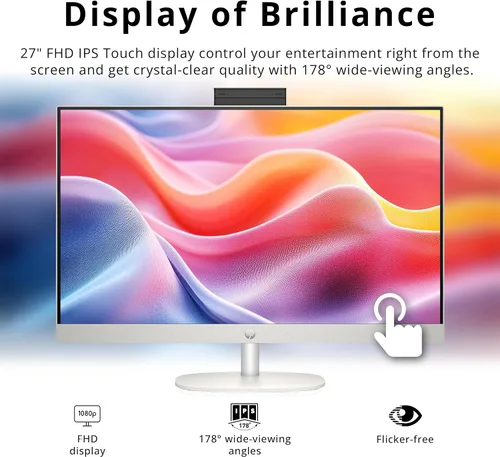 Vista 4 de HP Escritorio todo en uno con pantalla táctil FHD de 27 pulgadas, AMD Ryzen 5 7520U, 16 GB LPDDR5, almacenamiento de 1.16 TB