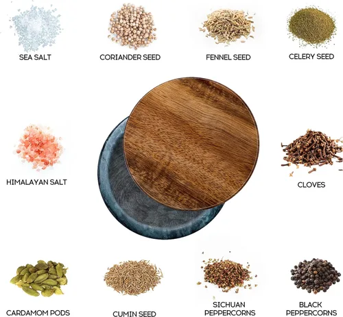 Vista 8 de MarcZero - Salero grande con caja de especias y condimentos, contenedor de pimienta, base de mármol con cubierta de madera, diseño elegante de gran