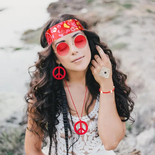 Vista 5 de Batiyeer 6 piezas de accesorios hippie para mujer, aretes bohemios con signo de la paz de los años 60 y 70, trajes para mujer, recuerdo de fiesta