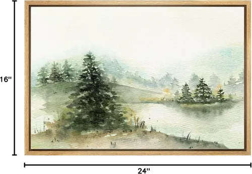 Vista 8 de wall26 Lienzo enmarcado de arte de pared, acuarela en tonos pastel, pino, árbol, bosque, lago, naturaleza, ilustraciones de área silvestre, arte