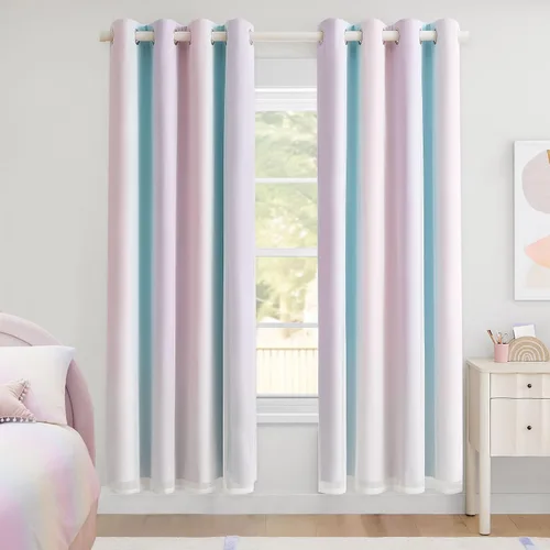 Vista 23 de Cortinas 100% opacas con superposición de gasa Mix and Match de doble capa, 54 pulgadas de largo, 2 paneles para dormitorio y sala de estar, azul