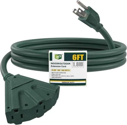 Vista 38 de EP Cable de extensión para exteriores de 6 pies, 16/3 SJTW, 3 tomas de corriente eléctrica, negro Enchufe a tierra de 3 puntas, para luces