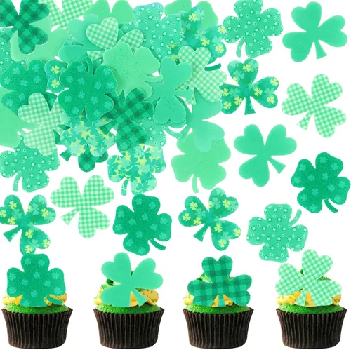 Vista 13 de Juego de 1 palillos para tartas de trébol, decoración de trébol con purpurina verde dorada para cumpleaños, baby shower, suministros de fiesta