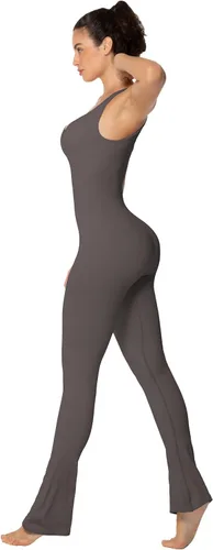 Vista 5 de Sunzel Body sin mangas para mujer, sin costuras, acanalado, con leggings acampanados fruncidos en los glúteos, almohadilla integrada y cuello