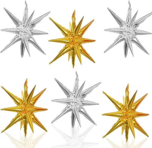 Vista 13 de 6 Globos de Papel de Aluminio con Forma de Estrella Negra de Una Pieza, Globo de Estrella de 14 Puntas 4D Cono Starburst de Mylar de 22 Pulgadas 22
