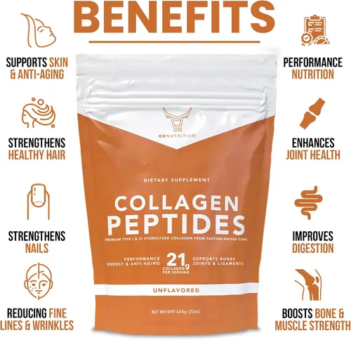 Vista 2 de OX Colágeno en polvo para mujeres y hombres (22 onzas) tipo I y III sin sabor e inodoro, péptidos de proteína de peptan hidrolizados de fácil