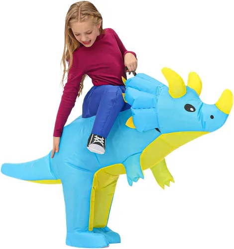 Vista 4 de Disfraz inflable azul Triceratops Ride Dinosaur Air Blow-up Deluxe Halloween Suit para adultos, niños y niños pequeños