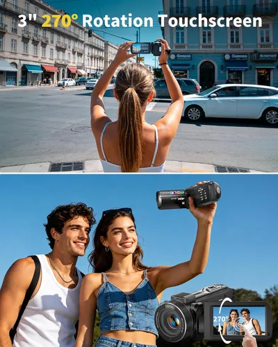 Vista 4 de Cámara de video 4K Videocámara 96MP UHD Vlogging Cámara para YouTube 18X Zoom digital 3.0 IPS Pantalla táctil de rotación de 270° Grabadora de video