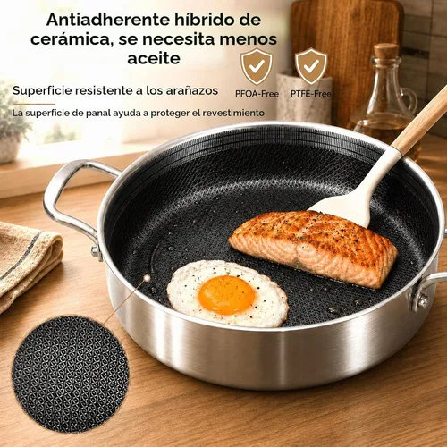 Vista 5 de DELARLO Sartén de tres capas de acero inoxidable de 10 pulgadas Sartén de freír profunda de 3QT con tapa Sartén de saltear con tapa Compatible