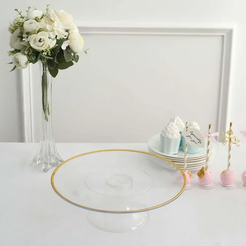 Vista 9 de Tableclothsfactory Paquete de 2 elevadores de plástico transparente de 12 pulgadas con borde dorado para cupcakes y postres, soporte desechable