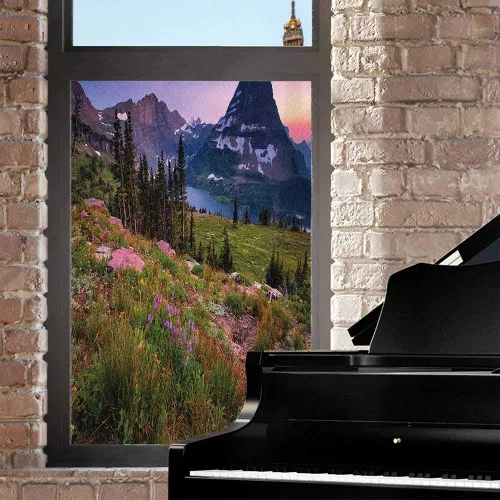 Vista 2 de Película escénica de verano para ventana, película de privacidad para ventana, prado floral silvestre en montañas alpinas, puesta de sol