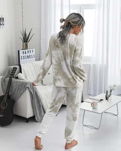 Vista 5 de Prettygarden - Conjunto de pijama para mujer, teñido anudado, de dos piezas, pijama con camiseta de manga larga y pantalón largo, con bolsillos