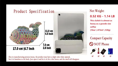 Vista 3 de Boutique De FGG Bolsos de mano con diamantes de imitación de pescado para mujer, bolsos formales de noche, bolso de graduación, boda, fiesta, bolsa