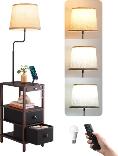 Vista 8 de EDISHINE Lámpara de pie con mesa regulable USB-A+puerto tipo C, nogal Madera de nogal