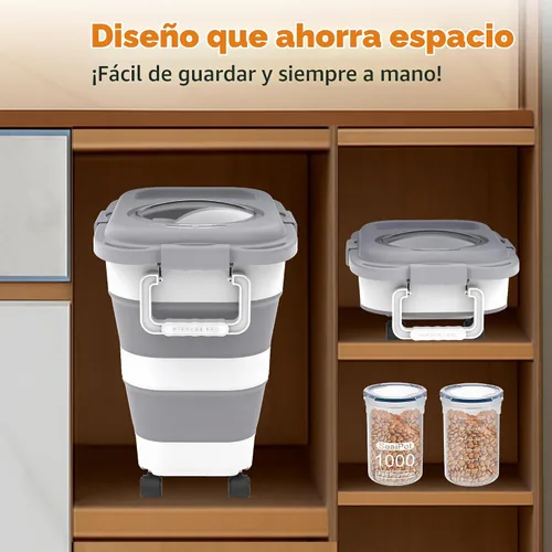 Vista 5 de HOYTAMDAR Recipiente para almacenamiento de alimentos para perros de 25-28 libras, recipiente plegable para alimentos de perro, ruedas, asa