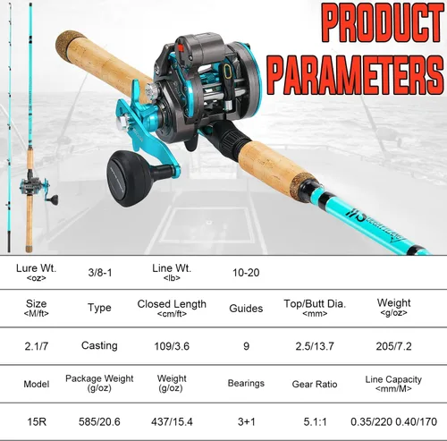 Vista 4 de Sougayilang Inshore Fishing Rod Combo with Line Counter Fishing Reel Suitable for Catfish, Salmon/Steelhead, Striper Bass Fishing