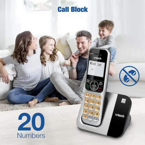 Vista 2 de Sistema de teléfono inalámbrico VTech para el hogar con bloqueo de llamadas, pantalla grande y botones, pantalla retroiluminada, altavoz
