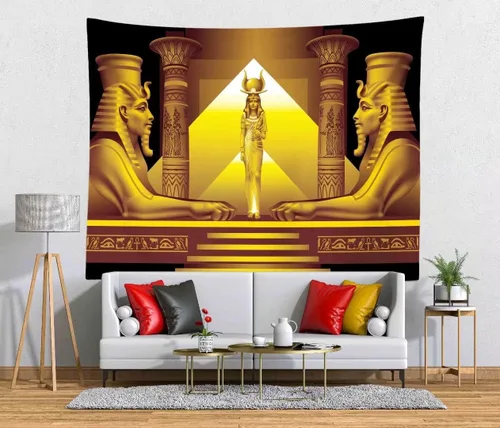 Vista 2 de BELECO Tapiz de pirámide egipcia dorada, tapiz de diosa egipcia, faraón egipcio, esfinge, reina Cleopatra, tapiz colgante de pared, templo egipcio