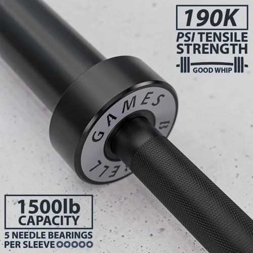 Vista 3 de Synergee Games Barras olímpicas recubiertas de cerámica de 15 kg y 20 kg en color. Estimadas en 1500 libras para levantamiento de pesas y potencia.