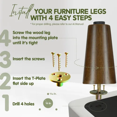 Vista 9 de Yes4All Juego de 4 Patas de Muebles de Madera Redondas de 4 Pulgadas - Pies de Repuesto de Madera para Sofá, Cama, Banco - Patas Cónicas Ajustables