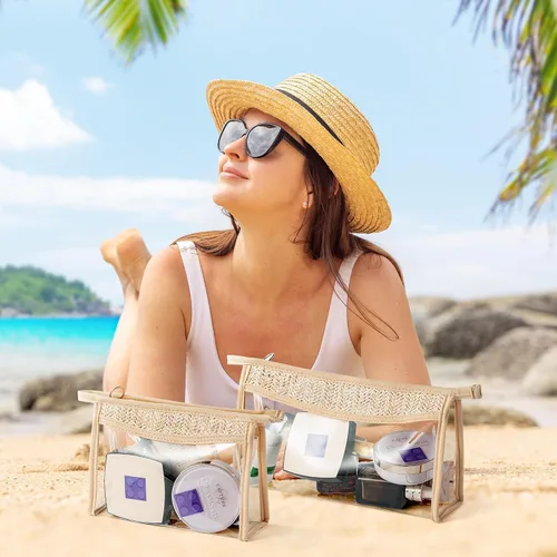 Vista 4 de Bolsa de cosméticos con parches bohemios, bolsa de maquillaje para verano, playa, piscina, neceser de maquillaje, beige, transparente, impermeable