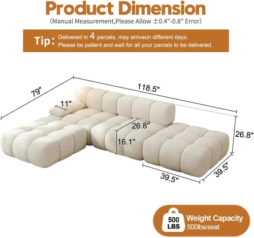 Vista 2 de Settab Sofá modular de nube modular de 118.5 pulgadas con otomana móvil, sofá de pana moderno de 4 asientos, asiento profundo, sofá sin hueso