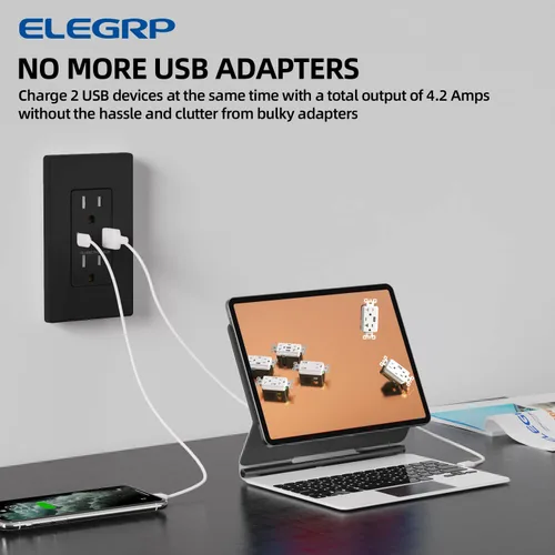 Vista 8 de ELEGRP Cargador USB de pared, receptáculo USB con puertos USB tipo A y tipo C, enchufe dúplex de 15 amperios resistente a manipulaciones NEMA 5-15R