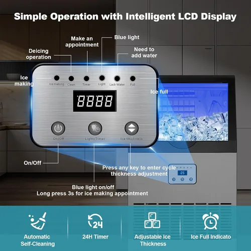 Vista 5 de Amzgachfktch Máquina de hielo comercial de 100 libras/24 horas, máquina de hielo autolimpiante, pantalla LED, luz azul, debajo