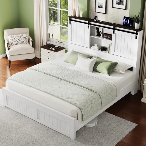 Vista 9 de Marco de cama tamaño Queen con cabecera de almacenamiento, luces de lectura, color blanco Blanco antiguo